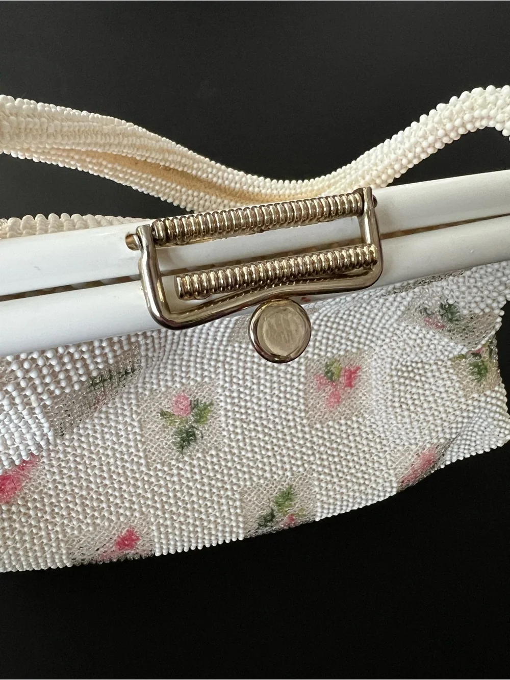 Vintage Lumured Candy Dot Beaded White Bag White with Pink Petite Roses